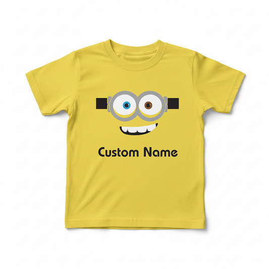 Kids custom name Minions inspired birthday shirt in yellow and purple chaos design