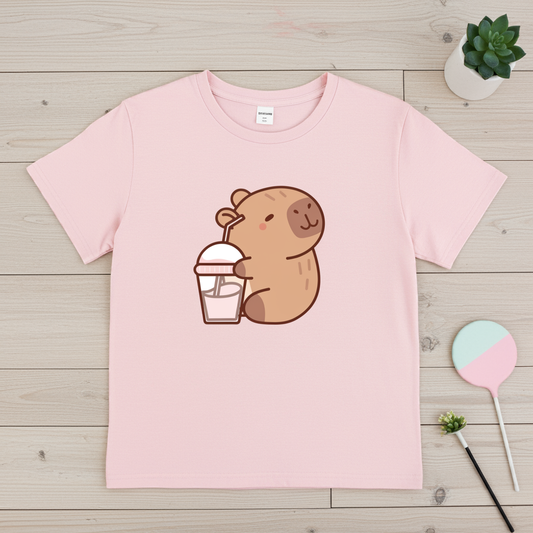 Cute Capybara with Bubble Tea T-Shirt - Adorable Graphic Tee for Kids