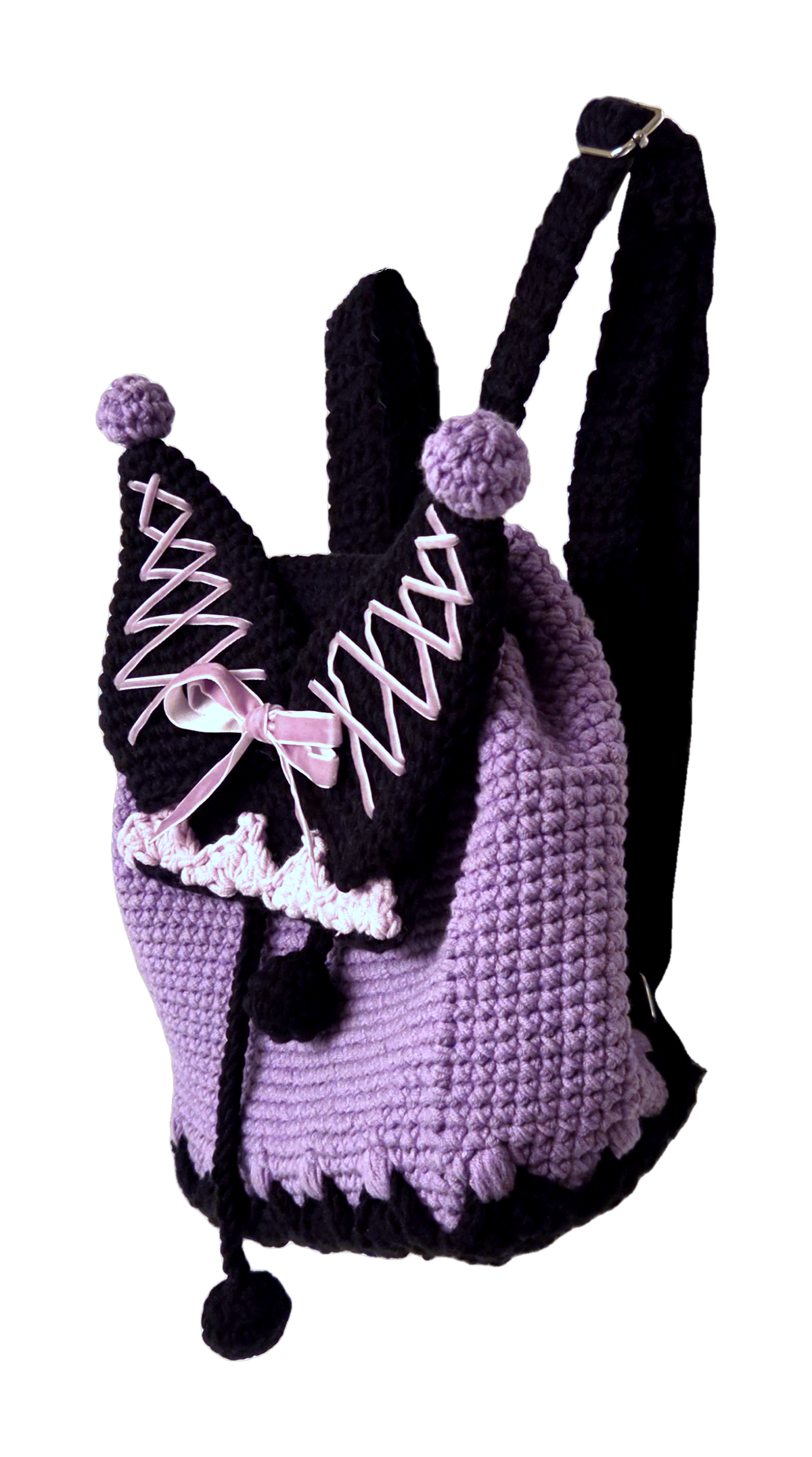 Crochet mini backpack angled side view showing adjustable black strap